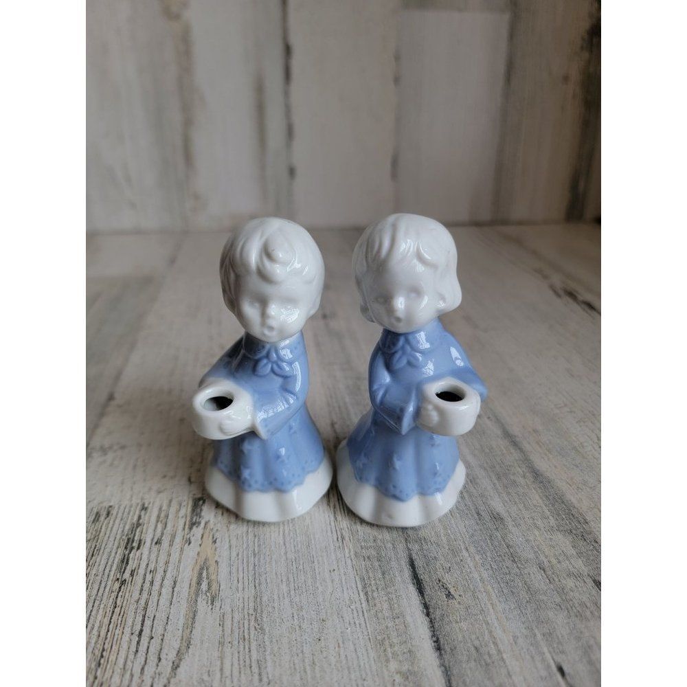 Ceramic boy girl cherub altar Angel Xmas figure set blue star